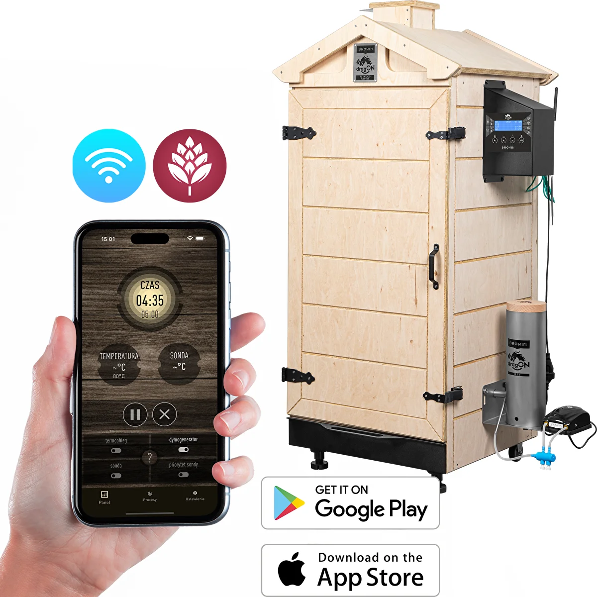 Bezokvirna pušnica dragON PLYWOOD NATURE s Wi‑Fi upravljačem, 200L