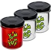 Jednostavna staklenka 346ml fi 82 s šarenim tiskom "Yum Yum" i crnim poklopcem, 3 kom.  - 1 