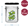 Jednostavna staklenka 346ml fi 82 s šarenim tiskom "Yum Yum" i crnim poklopcem, 3 kom. - 6 