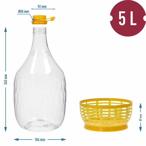 Demižon Dama 5 L PET, s navojnim čepom, ručkom i košaricom - 6