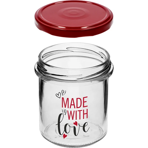 Jednostavna staklenka 346ml fi 82 s šarenim tiskom "Made With Love" i bordo poklopcem, 3 kom. - 5