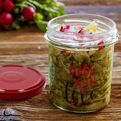 Jednostavna staklenka 346ml fi 82 s šarenim tiskom "Made With Love" i bordo poklopcem, 3 kom. - 8