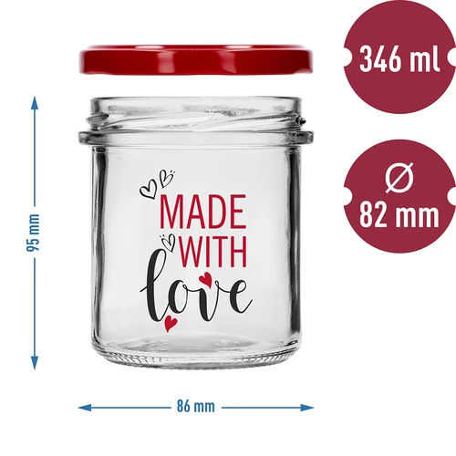 Jednostavna staklenka 346ml fi 82 s šarenim tiskom "Made With Love" i bordo poklopcem, 3 kom. - 6