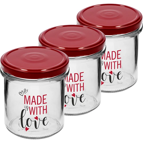 Jednostavna staklenka 346ml fi 82 s šarenim tiskom "Made With Love" i bordo poklopcem, 3 kom. - 2