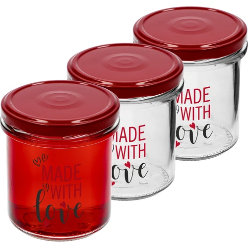Jednostavna staklenka 346ml fi 82 s šarenim tiskom "Made With Love" i bordo poklopcem, 3 kom.  - 1 