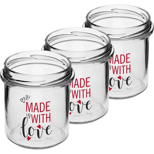 Jednostavna staklenka 346ml fi 82 s šarenim tiskom "Made With Love" i bordo poklopcem, 3 kom. - 3
