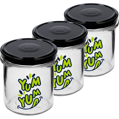 Jednostavna staklenka 346ml fi 82 s šarenim tiskom "Yum Yum" i crnim poklopcem, 3 kom. - 2