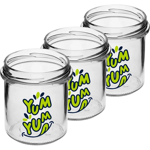 Jednostavna staklenka 346ml fi 82 s šarenim tiskom "Yum Yum" i crnim poklopcem, 3 kom. - 3