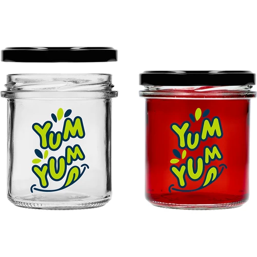 Jednostavna staklenka 346ml fi 82 s šarenim tiskom "Yum Yum" i crnim poklopcem, 3 kom. - 4
