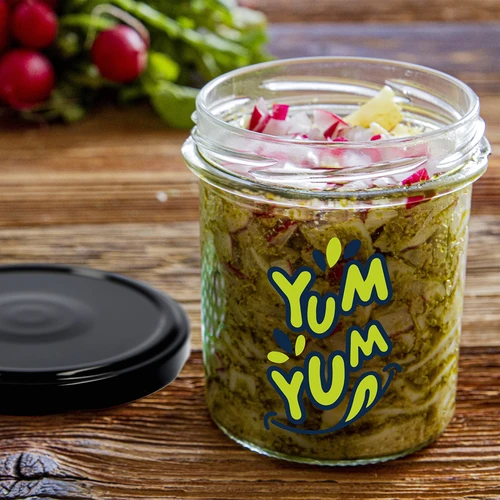 Jednostavna staklenka 346ml fi 82 s šarenim tiskom "Yum Yum" i crnim poklopcem, 3 kom. - 8