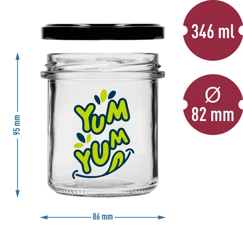Jednostavna staklenka 346ml fi 82 s šarenim tiskom "Yum Yum" i crnim poklopcem, 3 kom. - 6