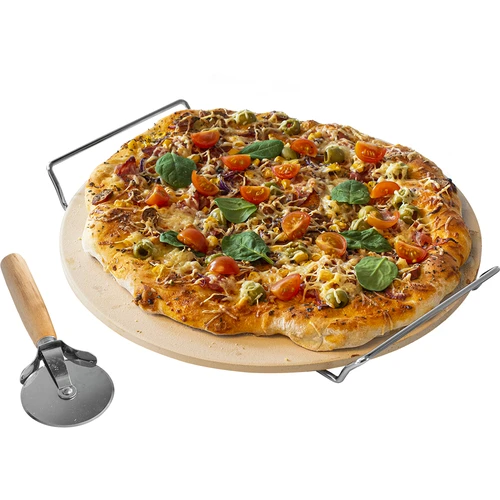 Kamen za pizzu s ručkom i nožem, od kordierita, okrugli 33 cm  - 1 