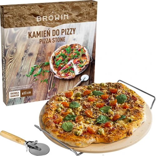 Kamen za pizzu s ručkom i nožem, od kordierita, okrugli 33 cm - 7