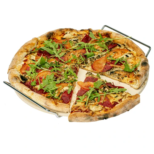 Kamen za pizzu s ručkom i nožem, od kordierita, okrugli 33 cm - 5