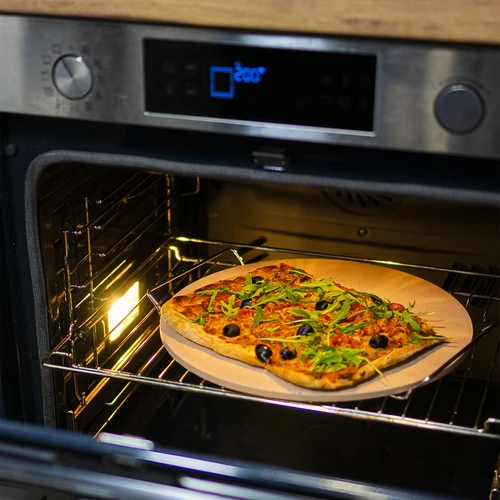 Kamen za pizzu s ručkom i nožem, od kordierita, okrugli 33 cm - 11