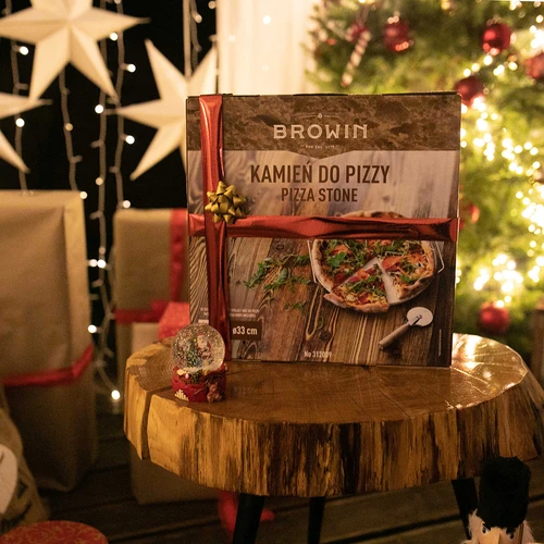 Kamen za pizzu s ručkom i nožem, od kordierita, okrugli 33 cm - 19