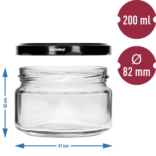 Niska staklenka 200ml - s crnim poklopcem fi 82/6, 6 kom. - 5