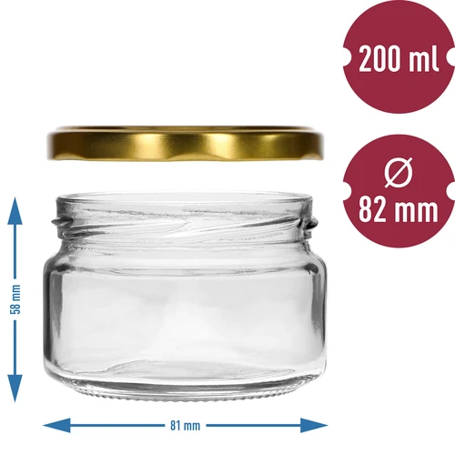 Niska staklenka 200ml - sa zlatnim poklopcem fi 82/6, 6 kom. - 5