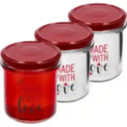 Jednostavna staklenka 346ml fi 82 s šarenim tiskom "Made With Love" i bordo poklopcem, 3 kom.
