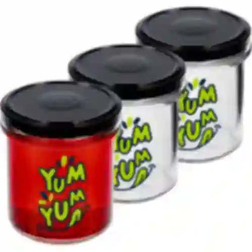 Jednostavna staklenka 346ml fi 82 s šarenim tiskom "Yum Yum" i crnim poklopcem, 3 kom.