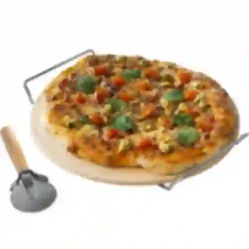 Kamen za pizzu s ručkom i nožem, od kordierita, okrugli 33 cm